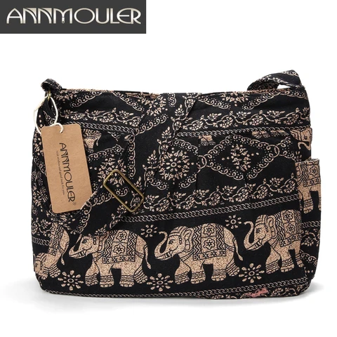 Tecido de Algodão Bolsa de Ombro das Mulheres Bolsa do Mensageiro Annmouler Grande Crossbody Bag Tribal Elephant Imprimir Hobo Bag Macio Ajustável