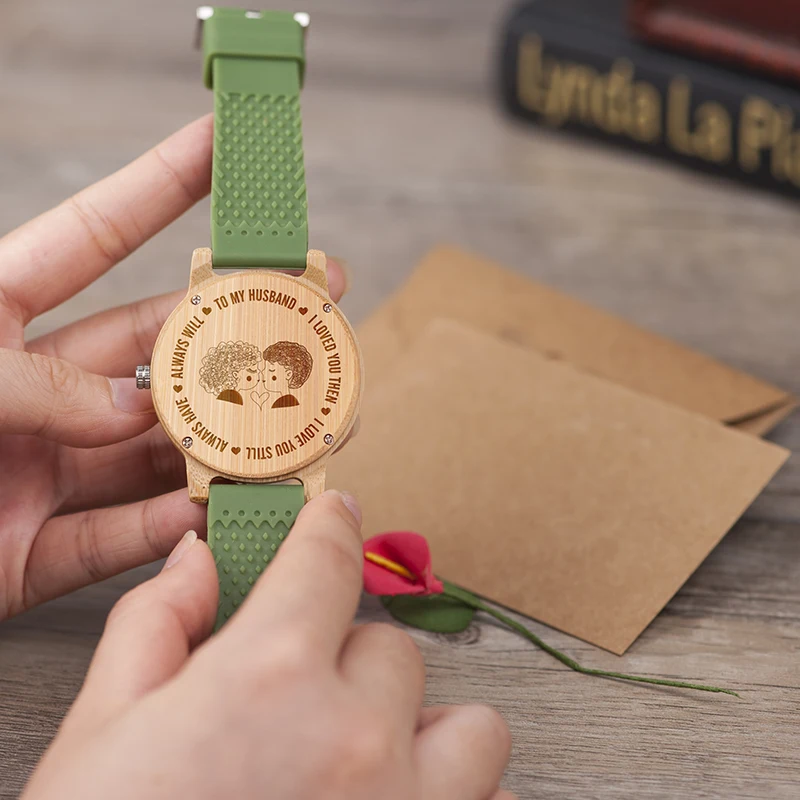 Personalized Wood Watch Engraving Your Own Logo Men Quartz Silicone Band Wristwatch Best Gift for Husband Birthday Gift