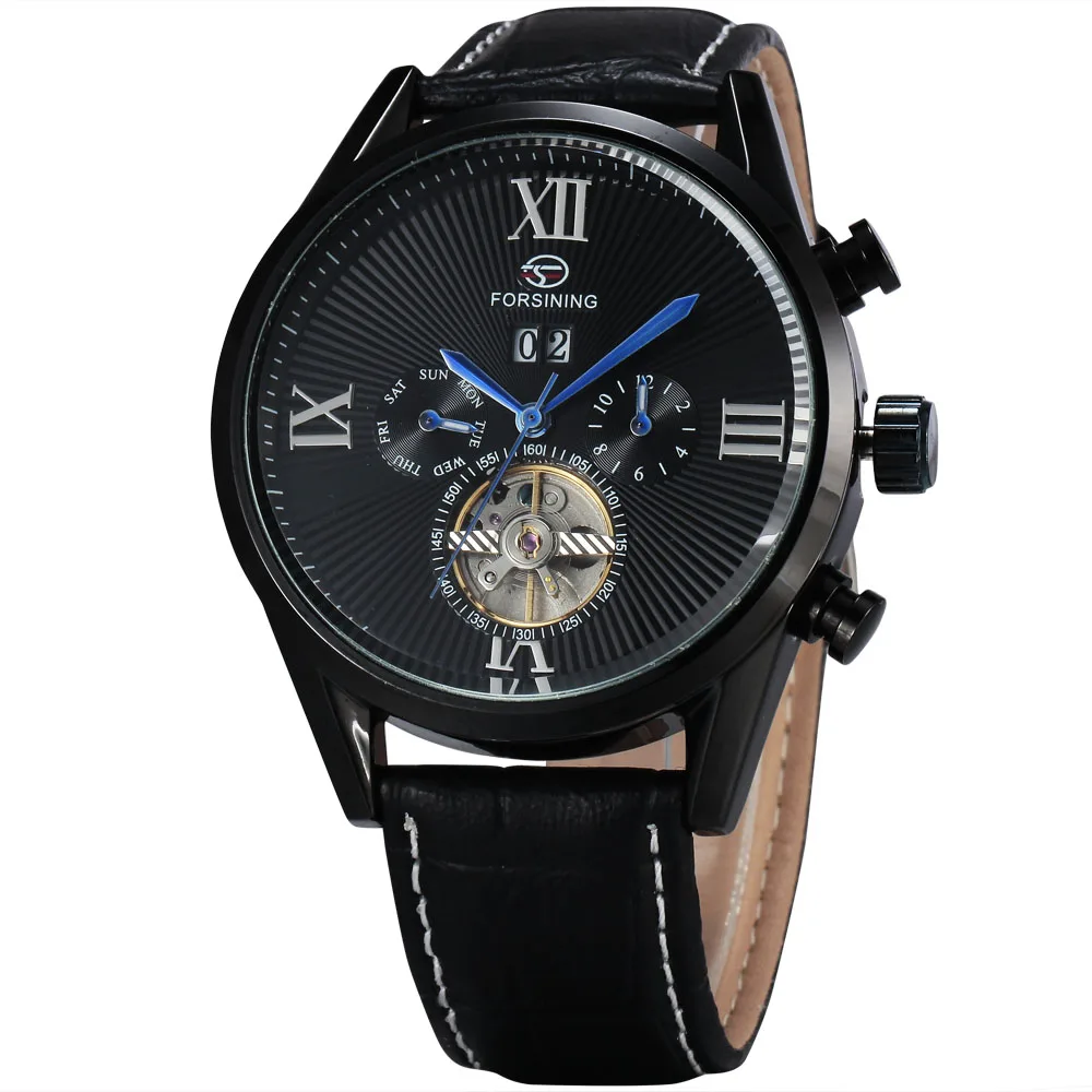 2017 FORSINING Men's Fashion Automatic Mechanical Watches Tourbillon Design 2 Sub-dials Calendar Date Genuine Leather Strap +BOX winner men skeleton automatic mechanical watch leather strap sub dials supersize case date calendar box