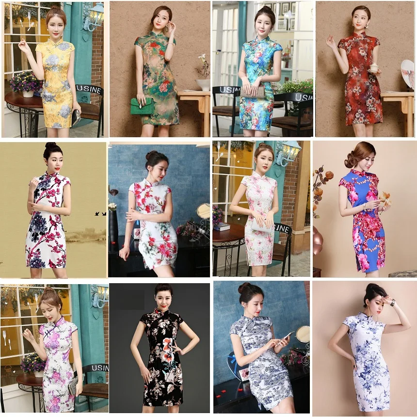 

Chinese Dress Qipao Short Big Size 2018 Summer Autumn Party Linen-Silk Vestido Oriental Red Purple Black 5XL 3XL 4XL
