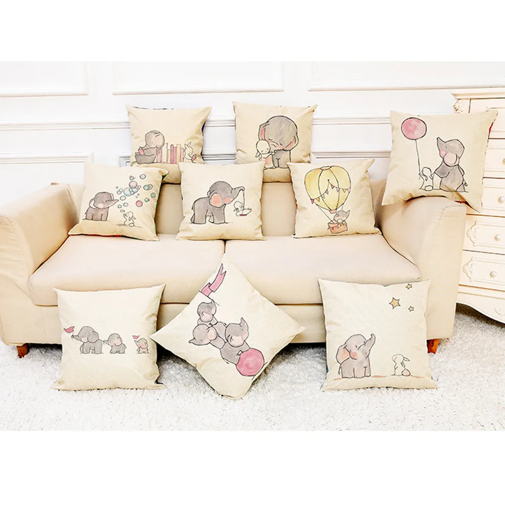 

ISHOWTIENDA Cute Little Elephant Decorative Pillows Sofa Cushion Linen Seat Pillow Cover Cute Elephant Rabbit Print Covers