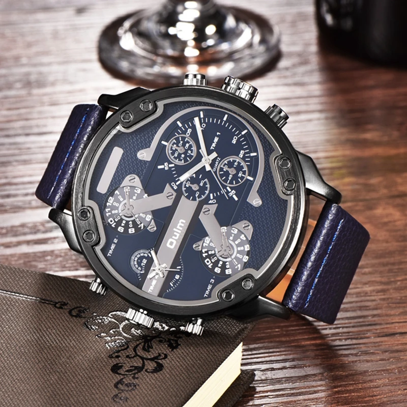 Oulm Men Top Brand Luxury Japan Movt Quartz Watch 2 Time Zone Casual ...
