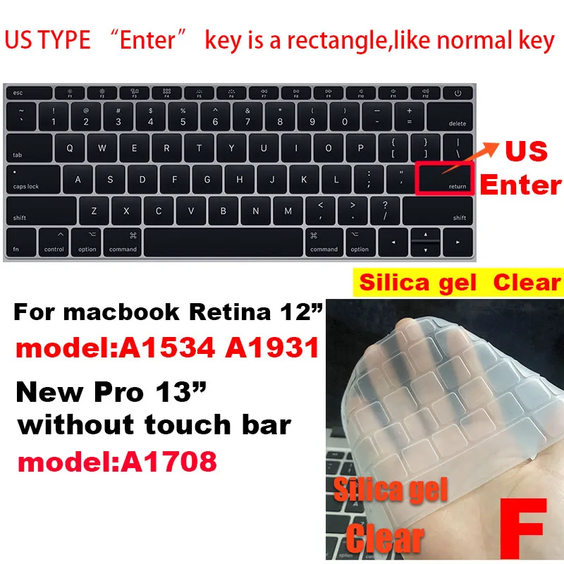 Для Apple Macbook air pro retina EU/US версия A1466/1502/1398/1534/1990 Клавиатура Чехол Silica гелевый из термопластика прозрачный протектор пленка