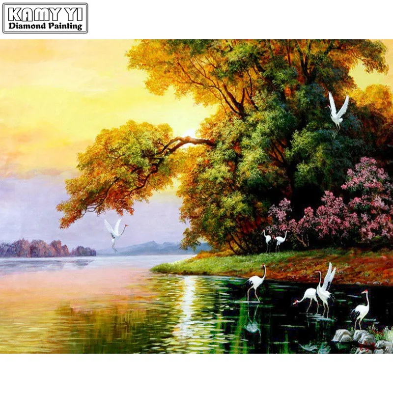 New Crane and Swans in Lake 5D Diamond Pattern Crystal Painting 3D diy Needlework Diamond Mazayka Full Diamond Embroidery Nature_