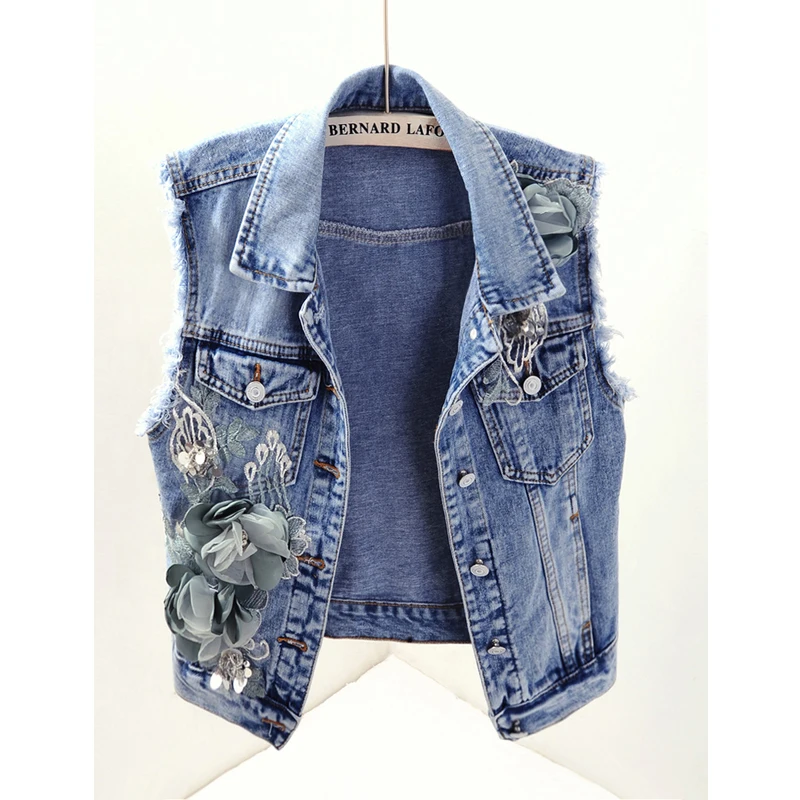 

Spring Summer Vintage Sequin Hole Street Casual Women Jeans Vest Denim Slim Short Woman Tops Sleeveless Female Jacket Waistcoat