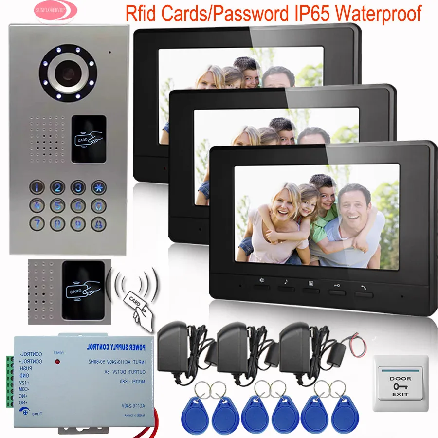 

Video Door Phone 3 Monitors Door Camera IP65 Waterproof Inductive Card Home Video Door Phone 7 inches Color Screen Entry Phone