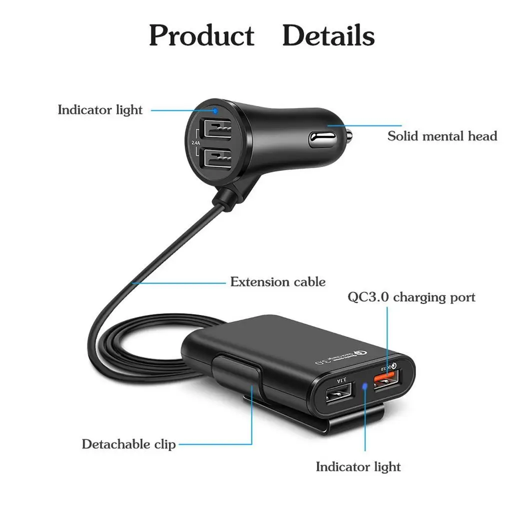 Универсальный 4 выхода USB порта Быстрая зарядка автомобиля DC 12 V-24 V 1,7 m/66,93 inch DC 5 V/2.4A, DC 5 V/3.1A зарядное устройство автомобиля
