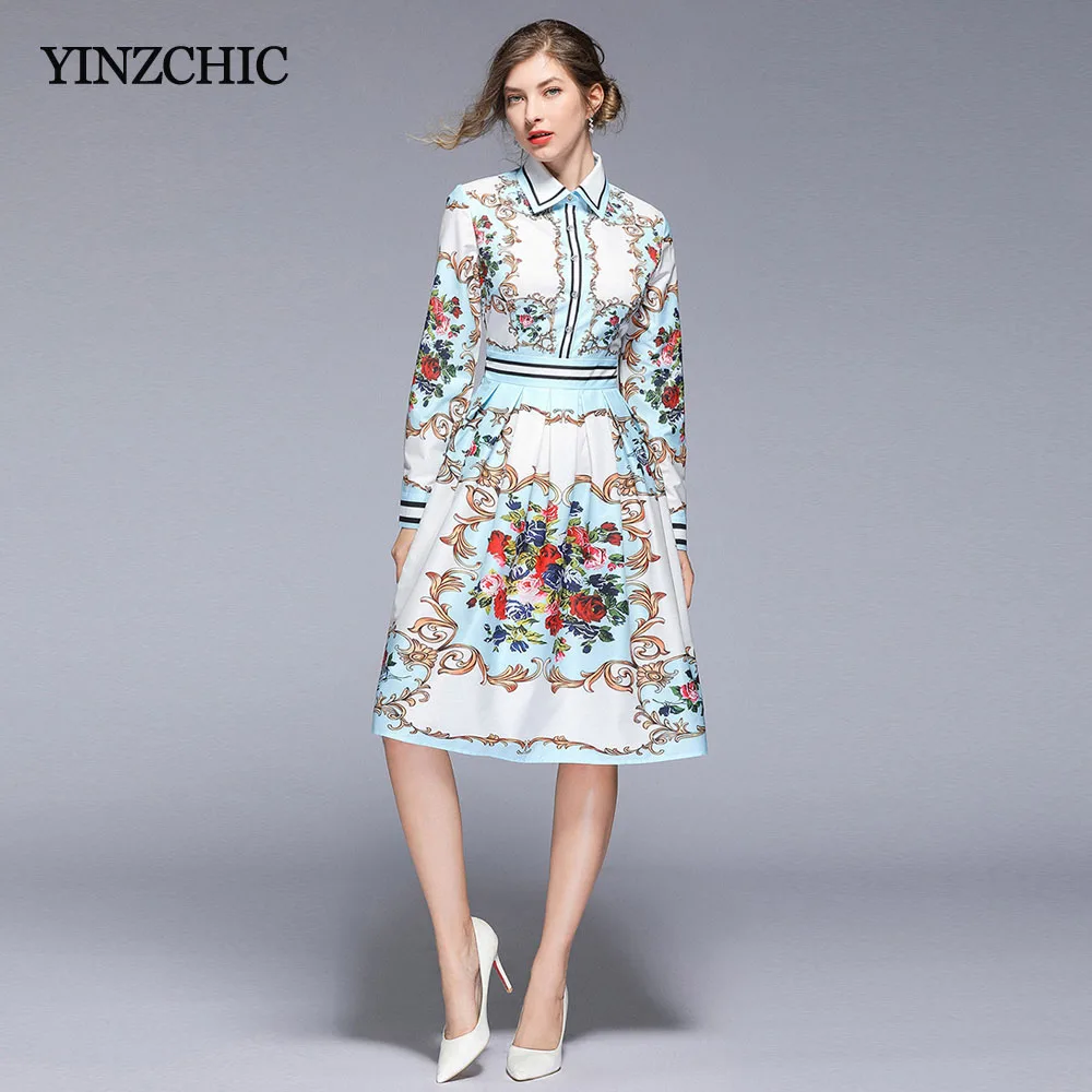 С цветочным принтом женские весеннее платье отложной воротник элегантные платья