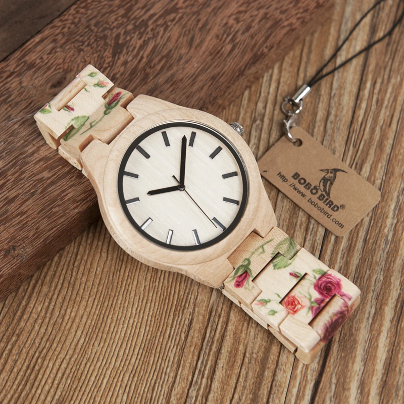 BOBO BIRD WL26 Strong Pine Wood Watches Brand Designer Watch for Men Women New UV Printing Flower Wooden Band Quartz Watch