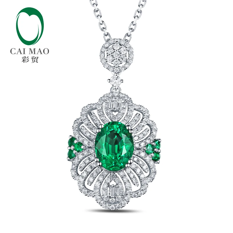 Free shipping 2.12ct Emerald 14kt White Gold Round Cut Diamonds Pendant For Necklace