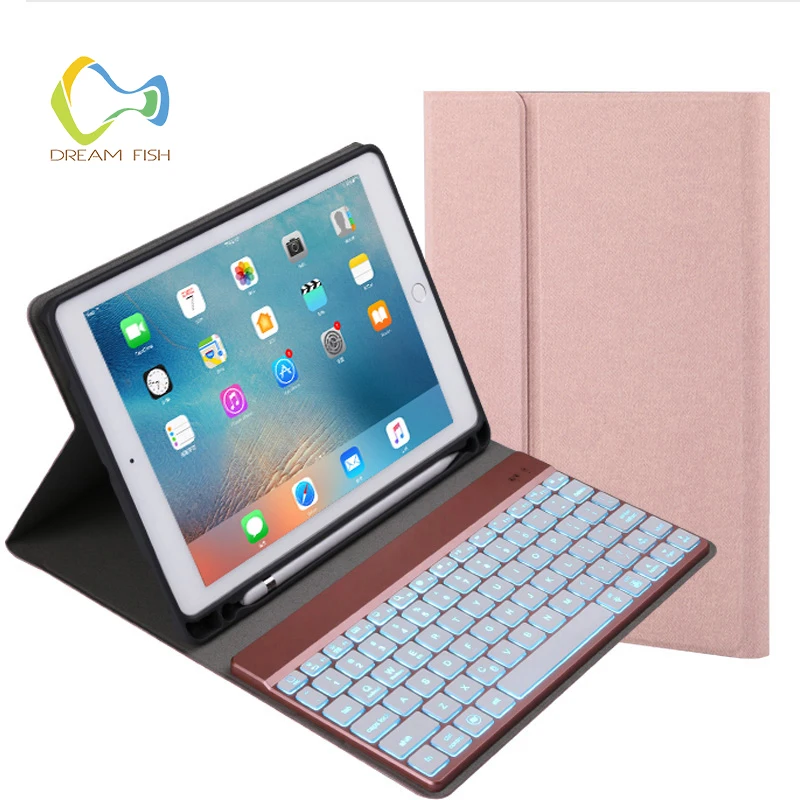 

Coque Cover for ipad air 2 case 7-color LED luminous function Detachable Bluetooth Keyboard With Pencil Holder PU Leather Case