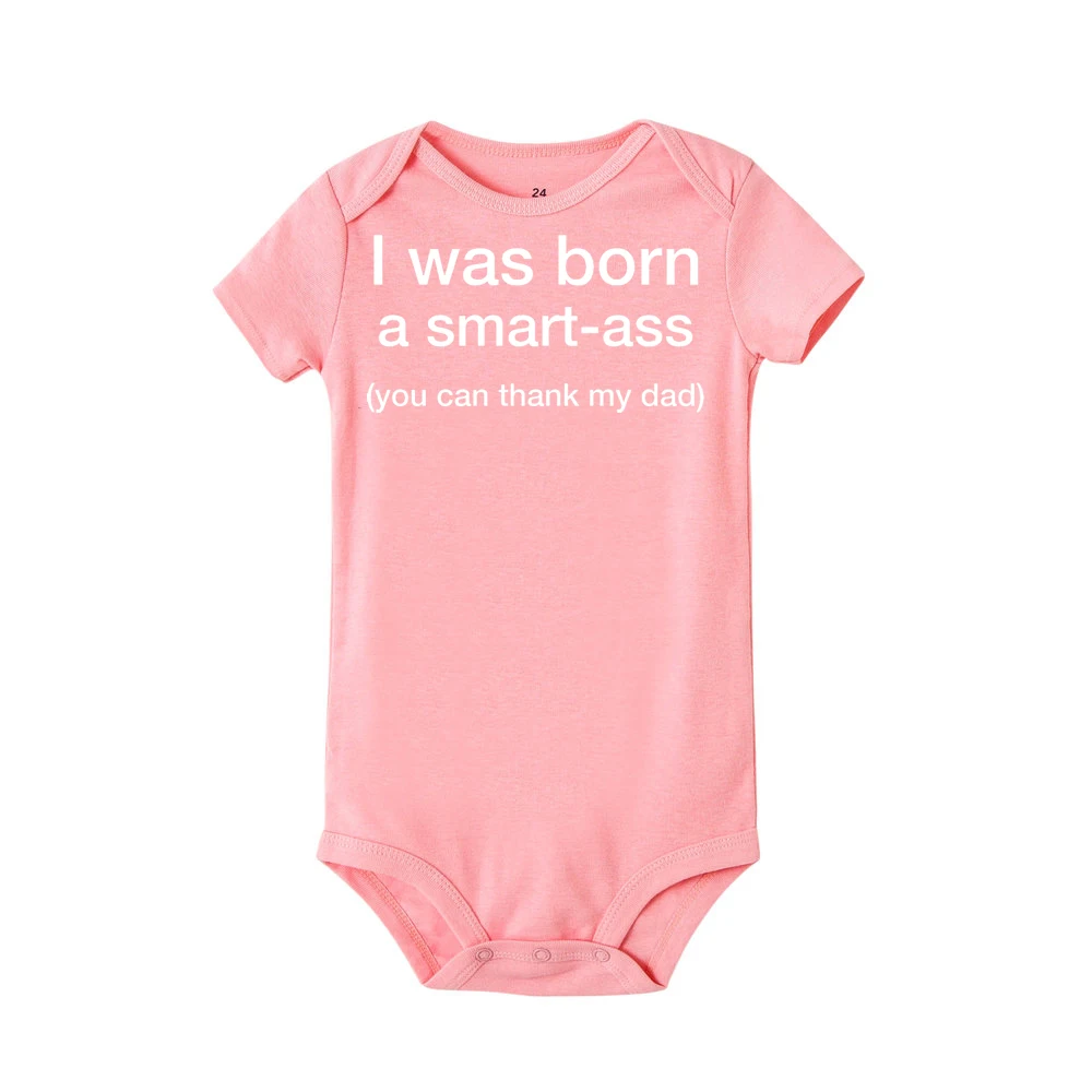 Одежда для новорожденных; летний хлопковый комбинезон с принтом «I Was Born A Smart Ass» и короткими рукавами для маленьких мальчиков и девочек - Цвет: R563-SRPPK-