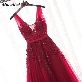 

Mbcullyd Sexy V-neck Burgundy Bridesmaid Dresses Charming Applique Lace Dress for Wedding Party Plus Size Vestidos mujer 2018