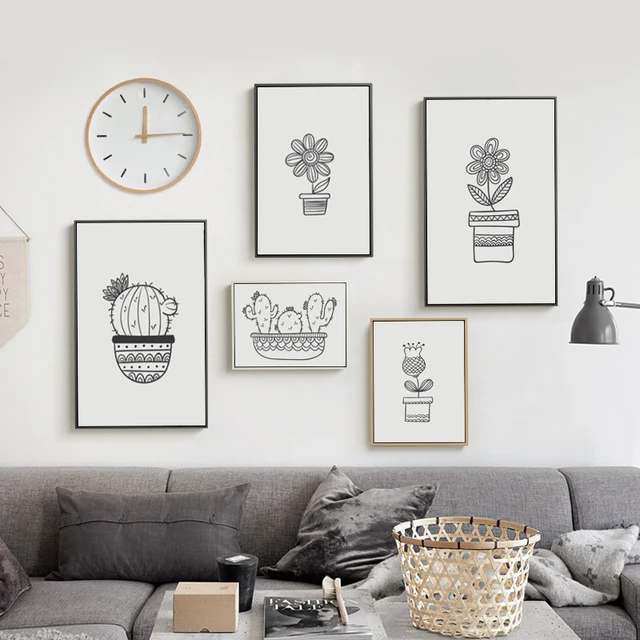 Eenvoudige Potplanten Cactus Bloemen Zwart wit Canvas Schilderij Art ... Eenvoudige Potplanten Cactus Bloemen Zwart wit Canvas Schilderij Art ...
