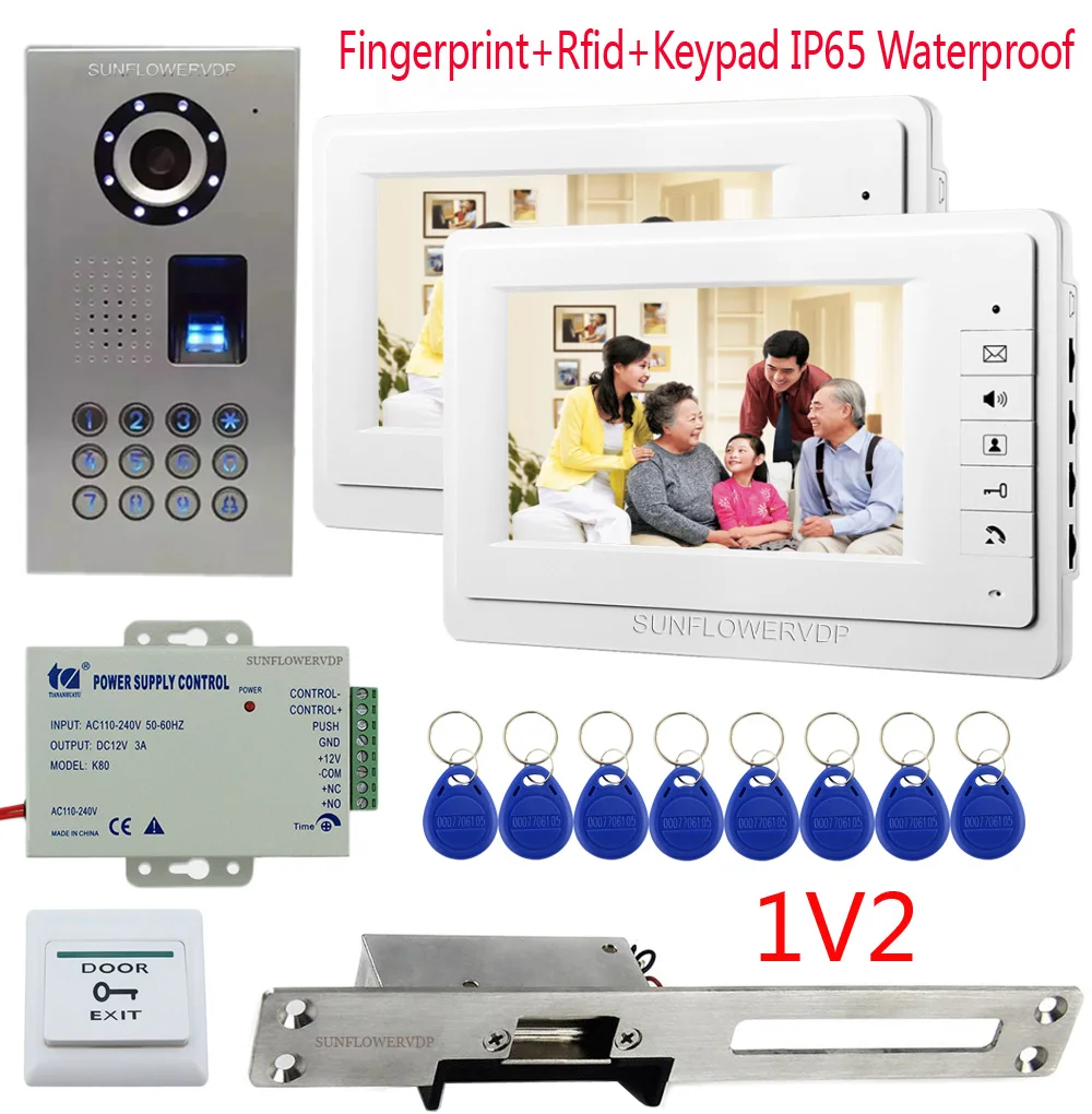 

Fingerprint Rfid Keypad Video Intercom For The Apartment 2 Units 7" Color Monitor Videophone Wired Portal + Electric Strike Lock