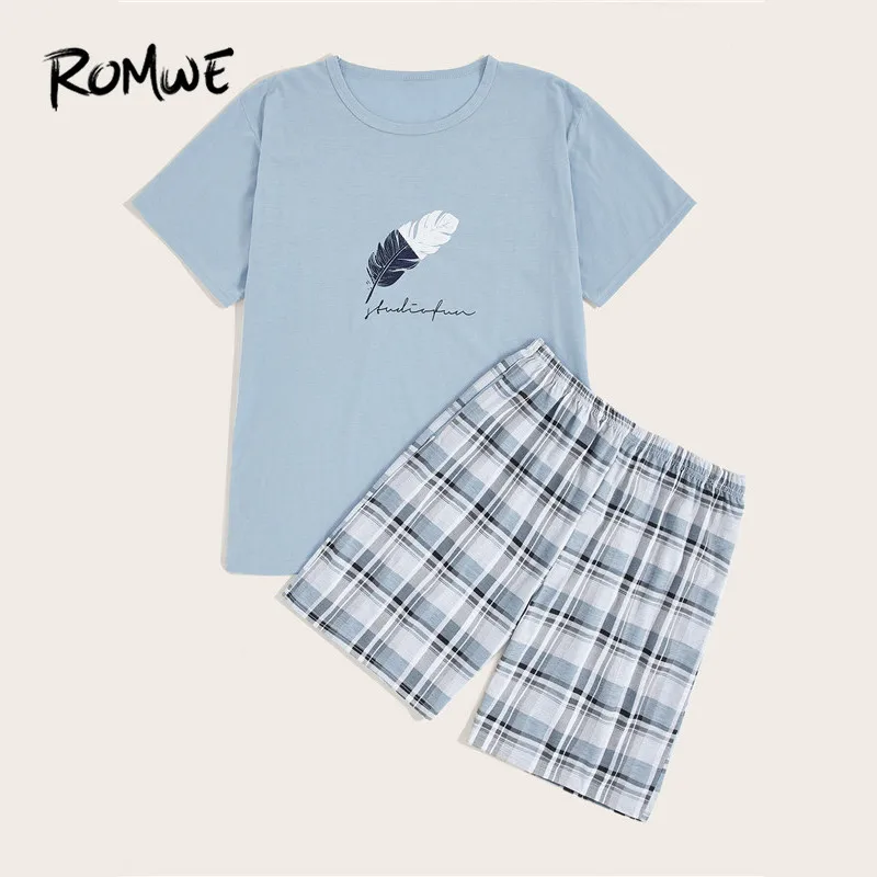 

ROMWE Mens Solid Cotton PJ Sets Feather Print Blue Tees With Plaid Shorts Pajama Set Male Short Sleeve T Shirt Sleepwear Suits