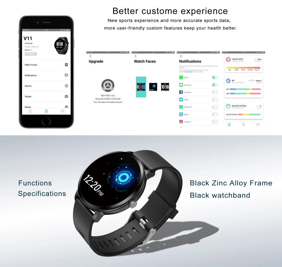 Sport watch smart tempered glass, waterproof, Android IOS Black Zink Alloy