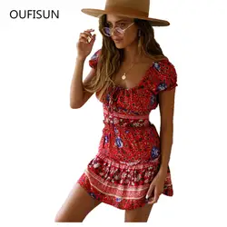 Oufisun для женщин комплект из двух предметов платье наборы для ухода за кожей повседневное Boho Цветочный принт женщин комплект короткий рукаво