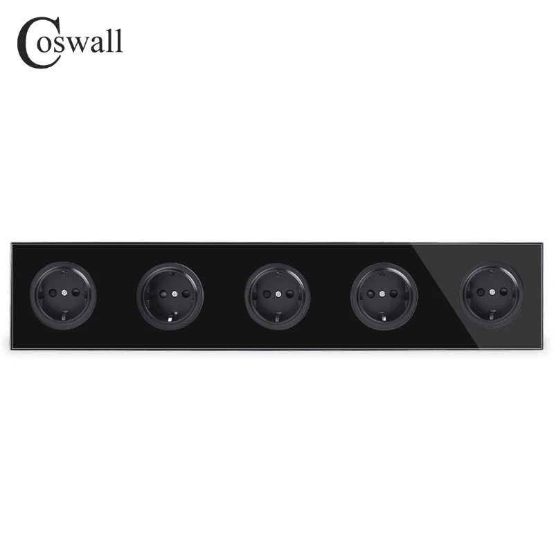 Coswall Кристалл закаленное чистое стекло черная панель 16A 5 способ ЕС стандартная настенная розетка с заземлением детская защитная дверь - Тип: Настенная розетка