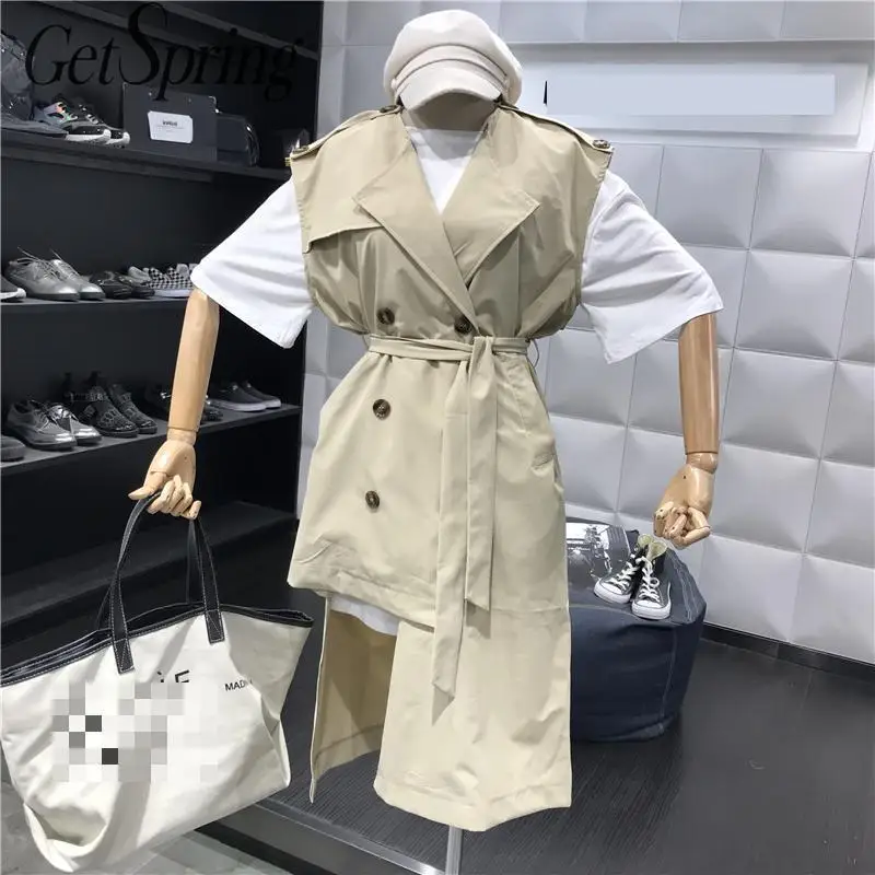

GetSpring Women Vest Double Breasted Long Sleeveless Vest Loose Unsymmetrical Women's Waist Coats Fashion Ladies Sleeveless Coat