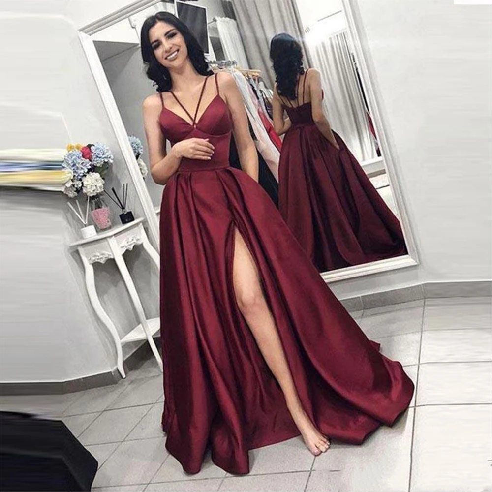 

Party-Gown Burgundy Long Prom Dress Spaghetti Strap A-Line Party Dress Floor Length Split Formal Gown Prom Dresses vestidos