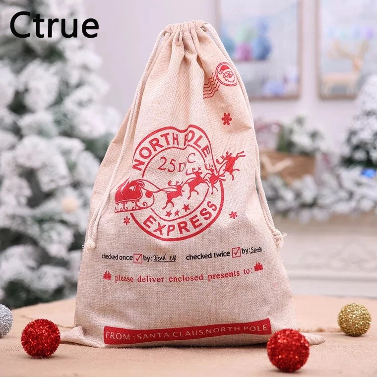 

1PC Big Size New Year Christmas Candy Bag Santa Claus Drawstring Canvas Sack Tableware Rustic Vintage Stockings Gift Bag