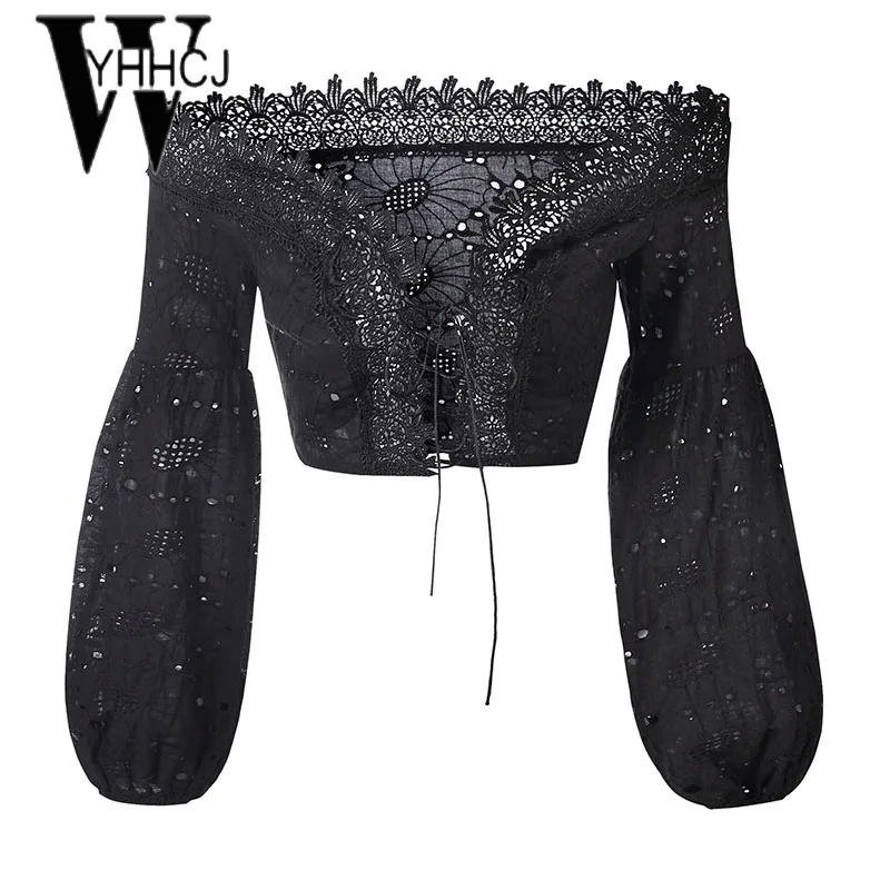 WYHHCJ 2018 sexy backless women t shirt lantern long sleeve crop top summer tshirt bodycon patchwork hollow out lace up t-shirt