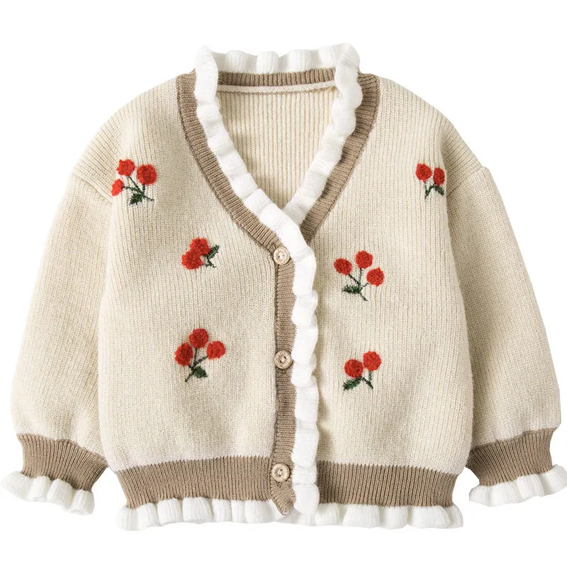 Детский кардиган для девочек; детский вязаный кардиган; свитера; Осенняя верхняя одежда с вышивкой клубники; свитер; одежда для малышей; 3 цвета; От 0 до 4 лет