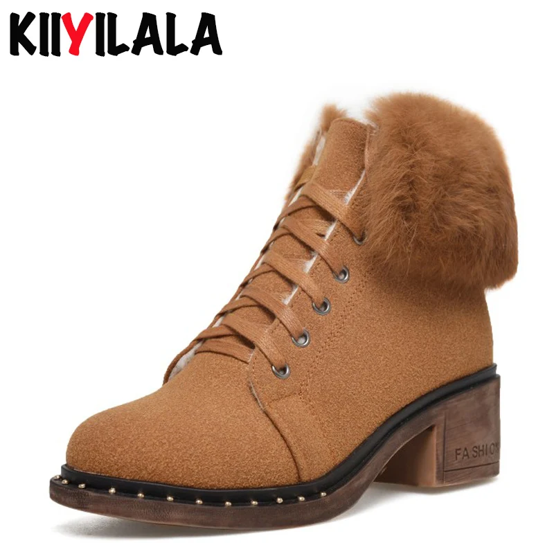 Зимние ботинки Kiiyilala из коровьей замши на шнуровке женские квадратном каблуке с