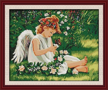 

Angel on greenery home decor canvas Cross Stitch kits people 14ct white 11ct print embroidery DIY handmade needlework wall