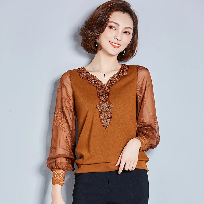New Women Shirts Patchwork Lace Blouse Shirt Black Deep Red Caramel
