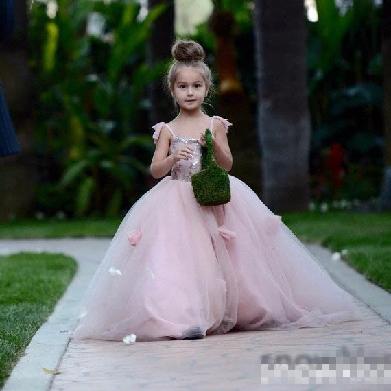

Lovely blush pink appliques ball gowns with flowers beautiful wedding birthday prom evening dress with train for little girls