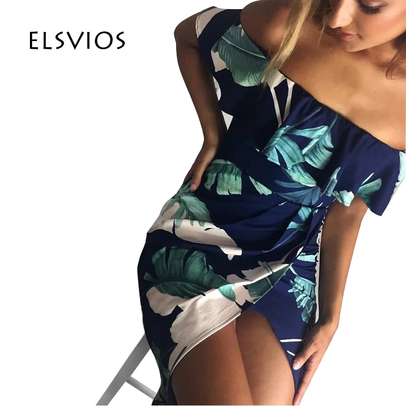 ELSVIOS Sexy Off Shoulder Side Slit Summer font b Dress b font 2017 Casual Slash Neck