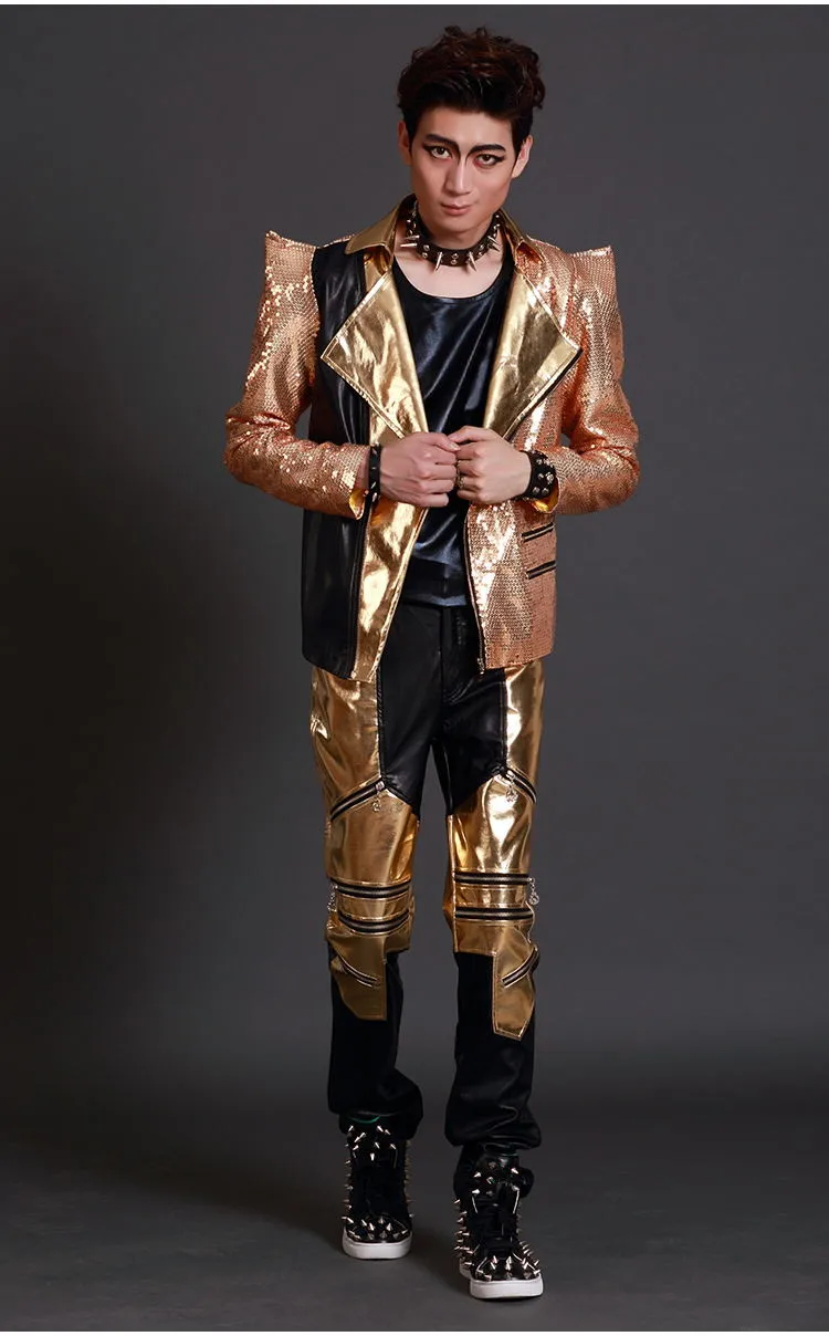 Мужской в панк-стиле pu кожаные брюки золотые длинные штаны с молниями орнамент брюки ночной клуб рок певец хип-хоп сценический костюм