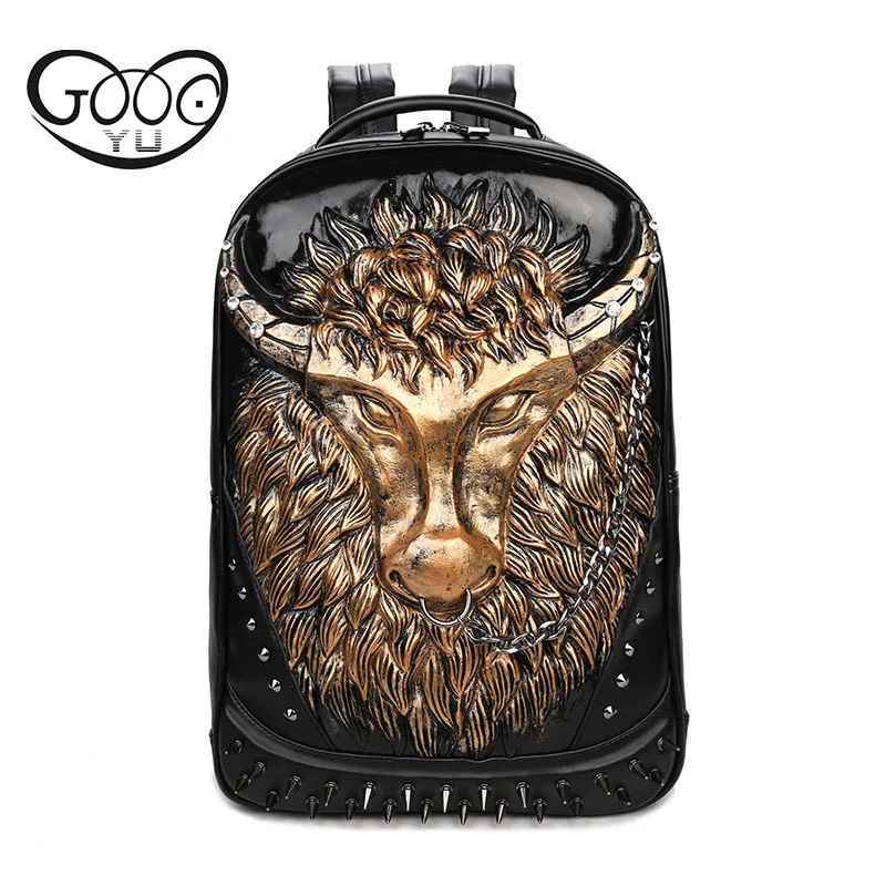 

Embossed relief three-dimensional decoration shoulder bags men 's Ngau Tau hand - held travel bag 3D chain laptop backpacks