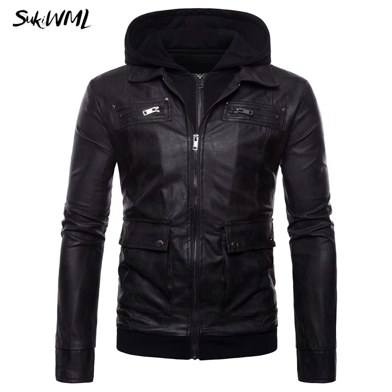 2018 Automne Outwear Coffee black Zipper Vestes Pièces Capuchon Veste Mens En Sukiwml Deux D'hiver Pu Hommes Manteaux Cuir Faussaire Chaud À 5j3RLSc4Aq
