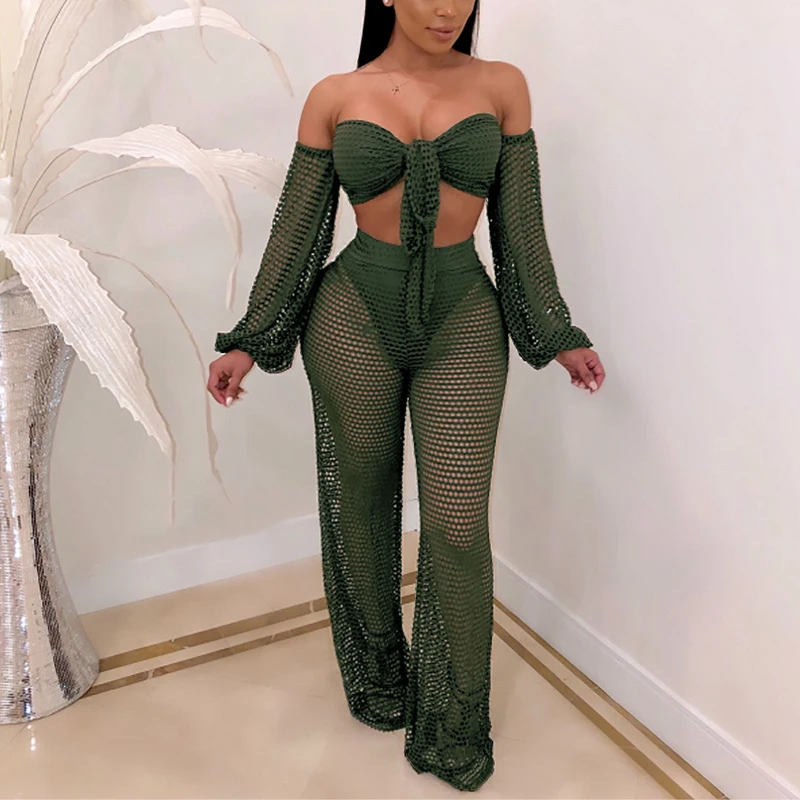 

Mesh Transparent Sexy Women 2 piece Set Hollow Out Strapless Two Piece Top and Loose Soft Wide Leg Pant Beach Casual