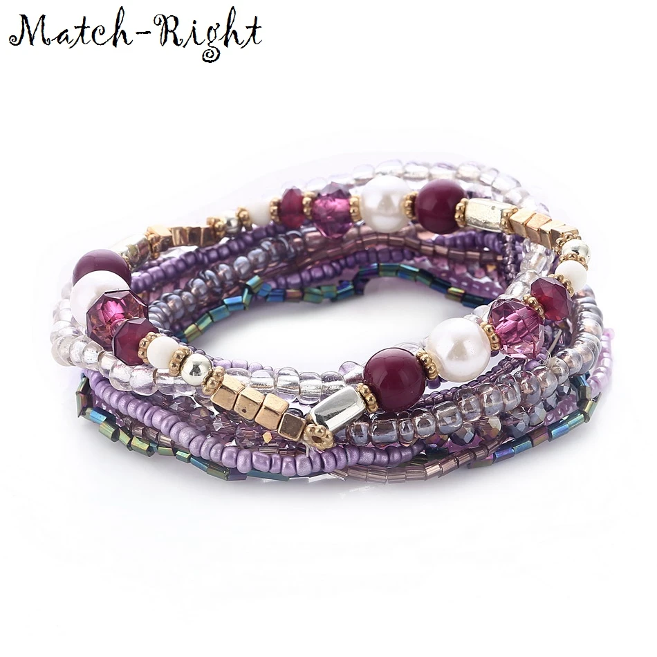 

Match-Right Women Bohemia Jewelry of Multilayer Elastic Weave Set Bracelets & Bangles with Beads Charm Wrap Bracelet LG-082