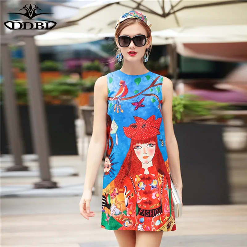 chic lady print tank dress birds print blue dresses designer runway dress high quality 2018 20180516