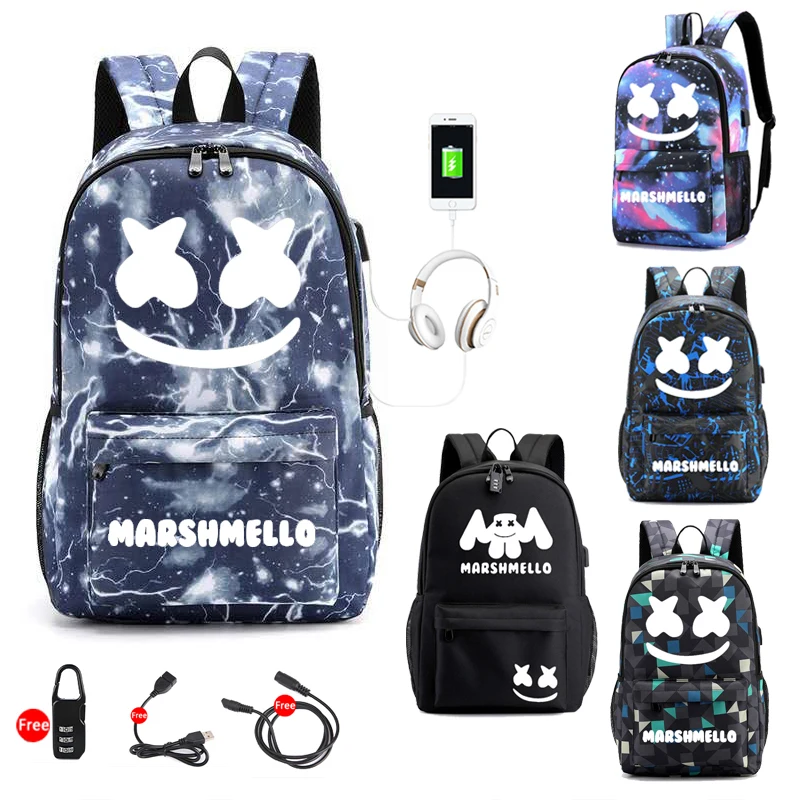 Price Marshmello dj Backpack for Teenager Boys Girls Student School Backpack Anti theft Usb Men Luminous Bags Anti theft Usb Men Bag