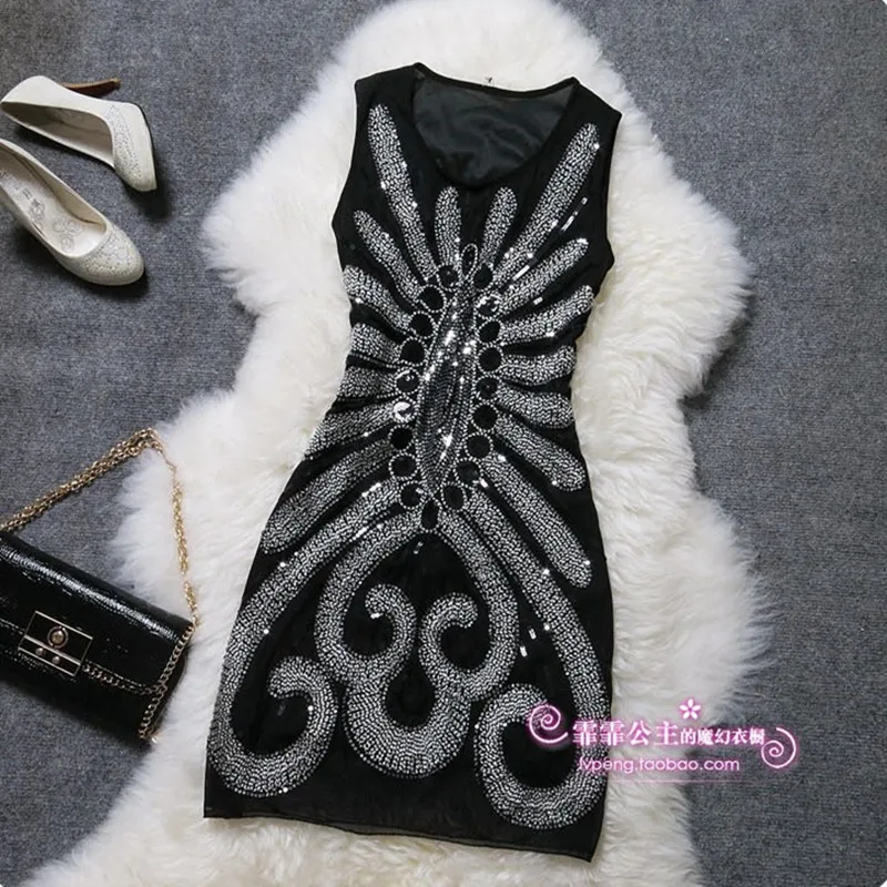 

Cheap Sexy Top Elegent Woman Party High Quality Embroidery Summer Sequin Short Black Beige Cocktail Dress Coctail Vestido Coctel