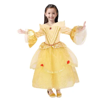 

Frozen Yellow Children Belle Princess Anna Dress Bead Bowknot Cosplay Dresses Kids Costume Girls Clothes For Birthday Party