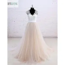 Слоновая кость кружевная юбка цвета шампань ТРАПЕЦИЕВИДНОЕ свадебное платье со шлейфом v-образный вырез кепки рукава реальные/оригинальные фотографии на заказ