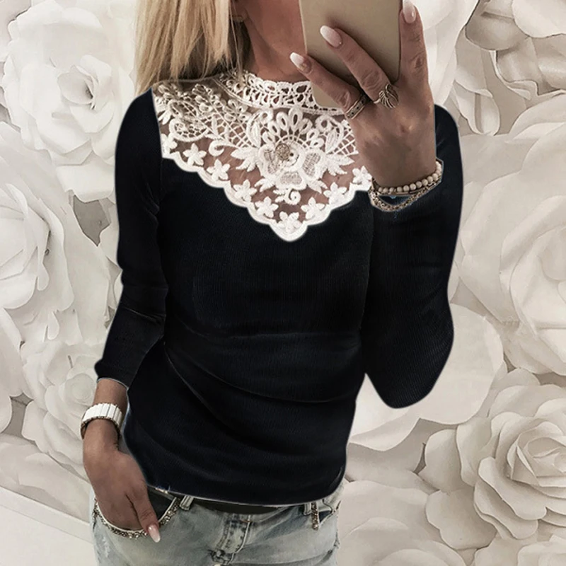 Women Long Sleeve Lace Patchwork T-shirt 2018 Spring Autumn Female Sexy Tshirt Tops Gray Pink Crew Neck Elegant Slim Tee Shirt