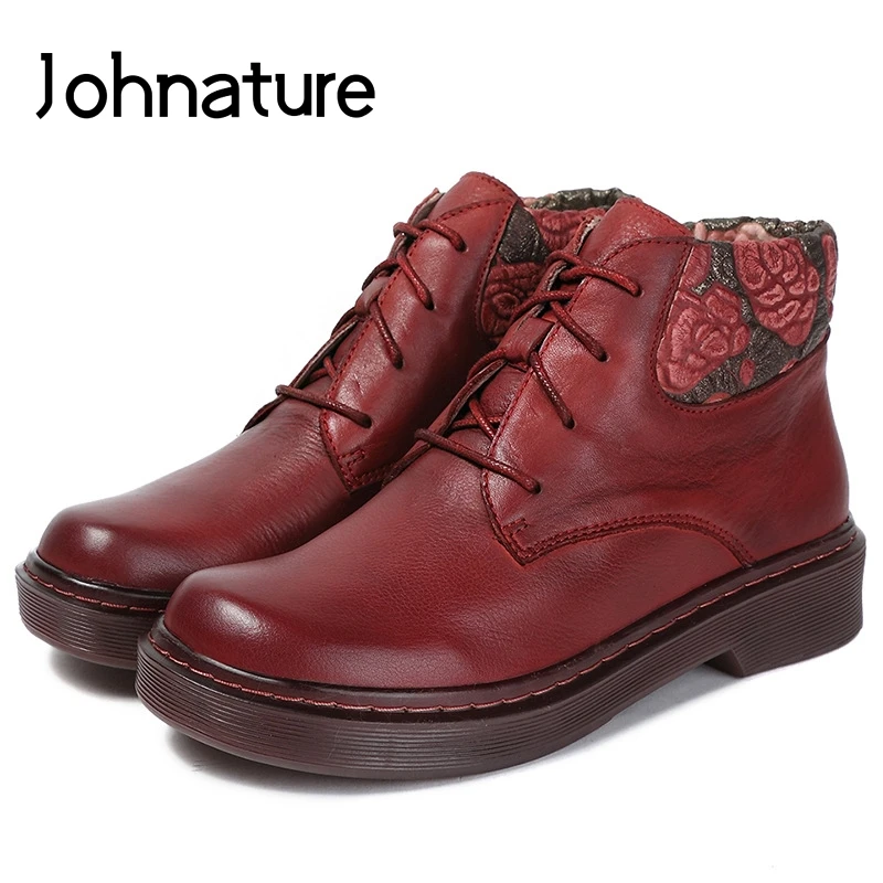 

Johnature 2020 New Autumn/Winter Genuine Leather Lace-up Martin Boots Sewing Round Toe Cross-tied Flower Platform Women Shoes