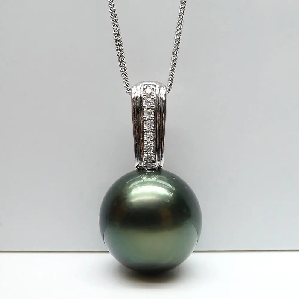 

free shipping 13.5mm Black Green Genuine Tahitian Pearl Pendant Solid 14 White Gold