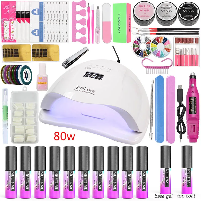 

Acrylic Nail Kit Base Gel Top Coat Nail Builder Gel Set 36/48/80w Led Lamp 10 Color Gel Nail Polish Dry Everything for Manicure