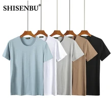 Качественная бамбуковая хлопковая футболка, мужская летняя Однотонная футболка, Мужская футболка с вырезом лодочкой, короткий рукав, синий, белый, черный цвет, Повседневная Базовая уличная одежда