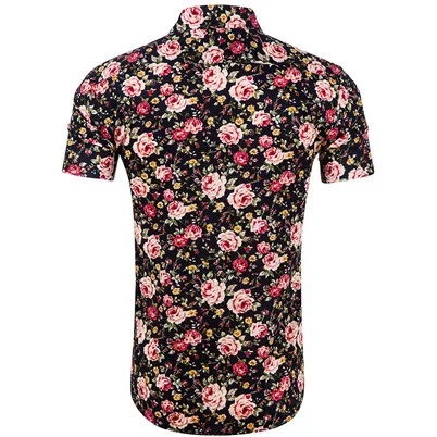 Новая летняя модная мужская рубашка Slim Fit с коротким рукавом с цветочным рисунком модная мужская одежда Большие размеры мужские повседневные рубашки с цветочным принтом - Цвет: Черный