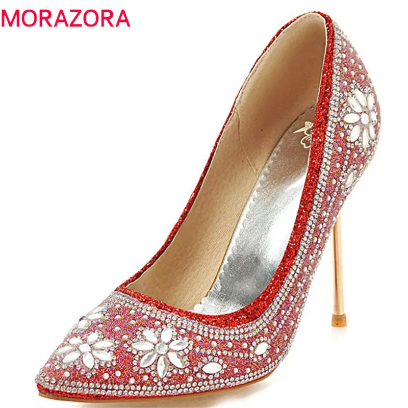 

MORAZORA 2018 new arrival elegant shallow rhinestone summer shoes pointed toe party wedding shoes colid color high heels shoes